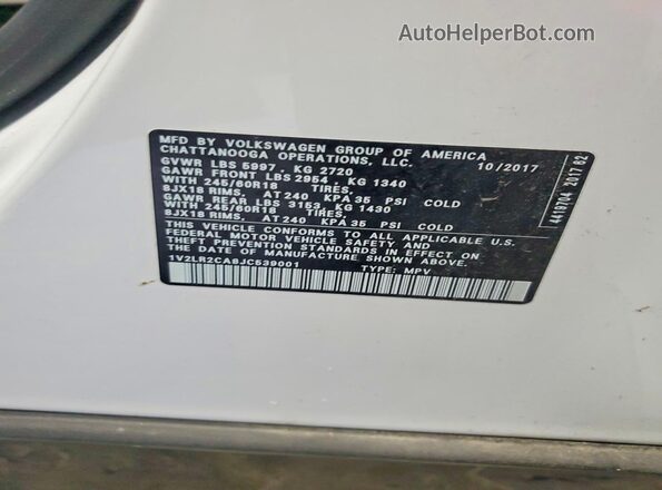 1V2LR2CA8JC539001 2018 VOLKSWAGEN ATLAS White Панорамний вид салону 360°