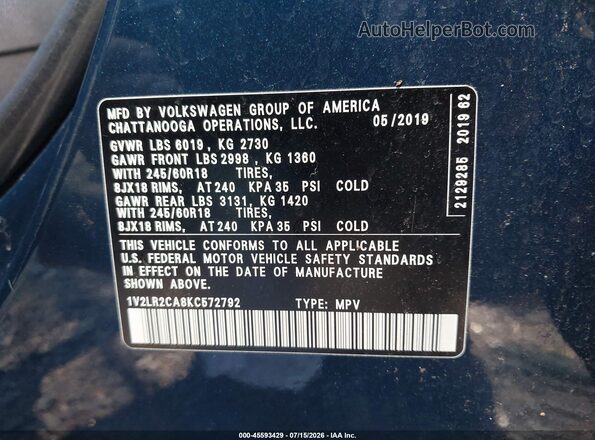 1V2LR2CA8KC572792 2019 VOLKSWAGEN ATLAS Dark Blue ძრავის განყოფილების ხედი