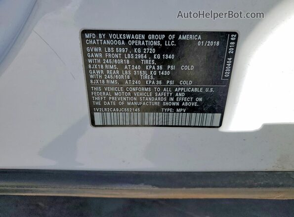 1V2LR2CA9JC552145 2018 VOLKSWAGEN ATLAS Белый Вид наклейки с VIN-кодом