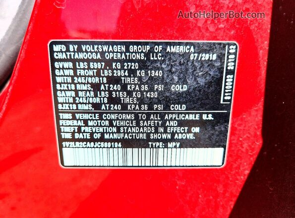 1V2LR2CA9JC589194 2018 VOLKSWAGEN ATLAS Red Вид наклейки з VIN-кодом