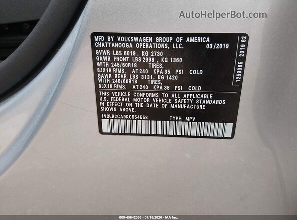 1V2LR2CA9KC554558 2019 VOLKSWAGEN ATLAS Silver ძრავის განყოფილების ხედი