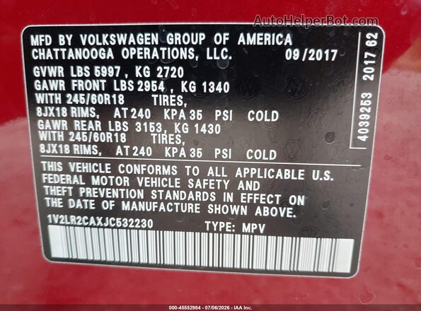 1V2LR2CAXJC532230 2018 VOLKSWAGEN ATLAS Maroon Engine compartment view