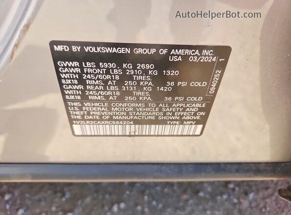 1V2LR2CAXRC564204 2024 VOLKSWAGEN ATLAS Charcoal Widok naklejki z numerem VIN