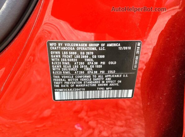 1V2MC2CA4LC204715 2020 VOLKSWAGEN ATLAS Red Вид підкапотного простору