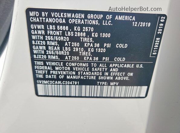 1V2MC2CA9LC204791 2020 VOLKSWAGEN ATLAS White Вид наклейки з VIN-кодом
