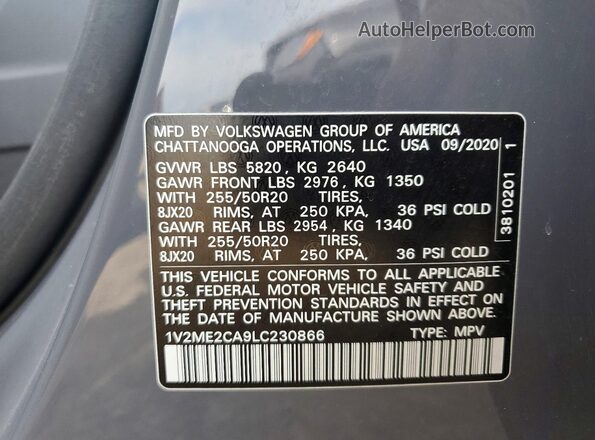 1V2ME2CA9LC230866 2020 VOLKSWAGEN ATLAS Серый Вид наклейки с VIN-кодом