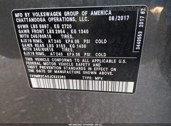 1V2MR2CA0JC522262 2018 VOLKSWAGEN ATLAS Gray Widok komory silnika
