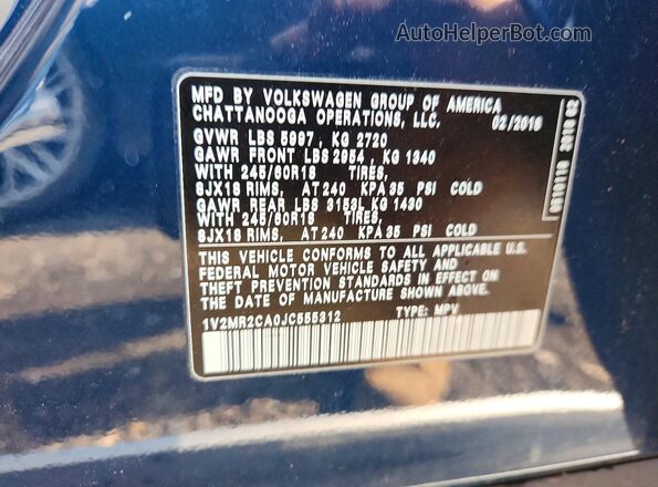 1V2MR2CA0JC555312 2018 VOLKSWAGEN ATLAS Blue Vista de la etiqueta del VIN