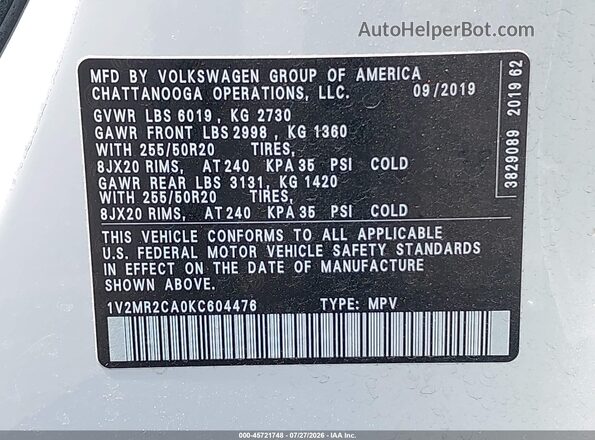 1V2MR2CA0KC604476 2019 VOLKSWAGEN ATLAS White Շարժիչի բաժամունքի տեսք