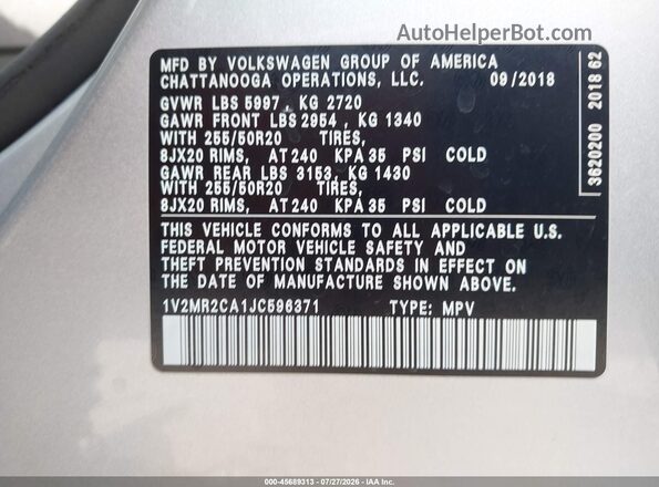 1V2MR2CA1JC596371 2018 VOLKSWAGEN ATLAS Gray Вид підкапотного простору