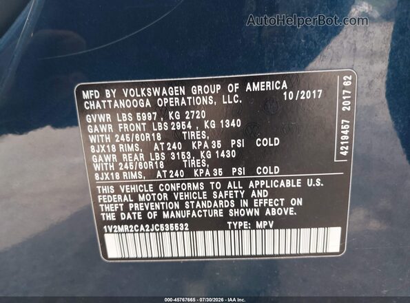 1V2MR2CA2JC535532 2018 VOLKSWAGEN ATLAS Blue Widok komory silnika