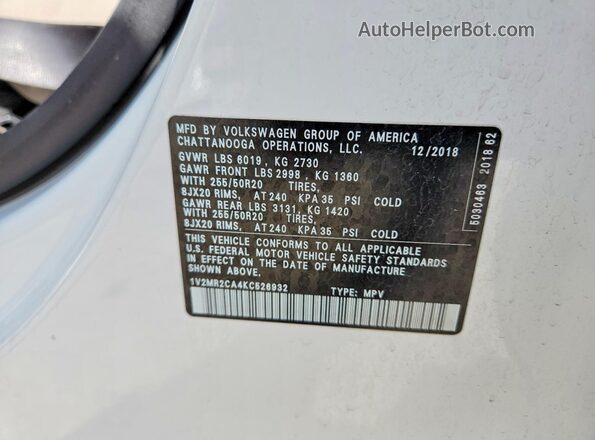 1V2MR2CA4KC526932 2019 VOLKSWAGEN ATLAS Белый Панорамный вид салона 360°