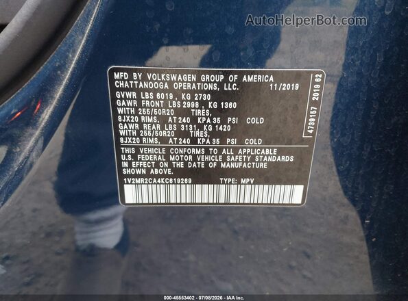 1V2MR2CA4KC619269 2019 VOLKSWAGEN ATLAS Blue ძრავის განყოფილების ხედი