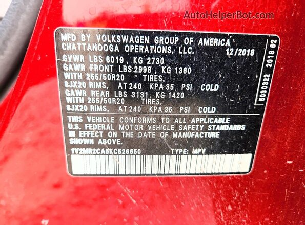 1V2MR2CA5KC526650 2019 VOLKSWAGEN ATLAS Red VIN sticker view
