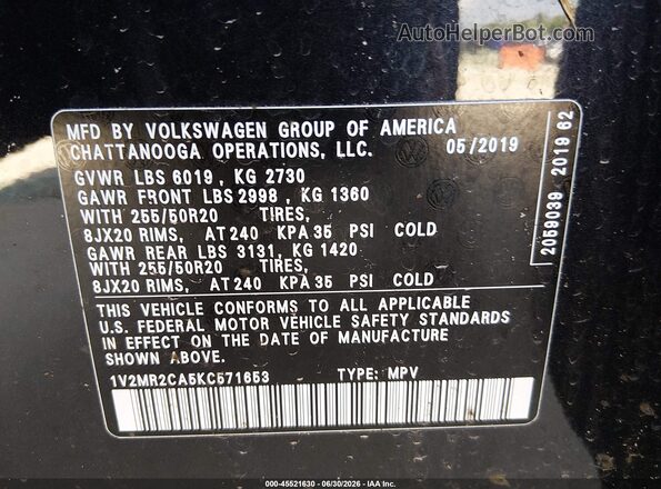 1V2MR2CA5KC571653 2019 VOLKSWAGEN ATLAS Black Вид підкапотного простору