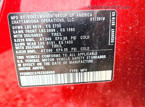 1V2MR2CA7KC538086 2019 VOLKSWAGEN ATLAS Красный Вид наклейки с VIN-кодом