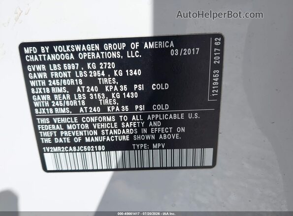1V2MR2CA8JC502180 2018 VOLKSWAGEN ATLAS White Вид підкапотного простору