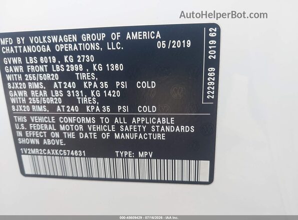 1V2MR2CAXKC574631 2019 VOLKSWAGEN ATLAS White Вид підкапотного простору