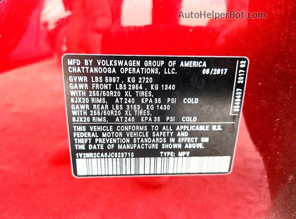 1V2NR2CA0JC523710 2018 VOLKSWAGEN ATLAS Red Widok naklejki z numerem VIN