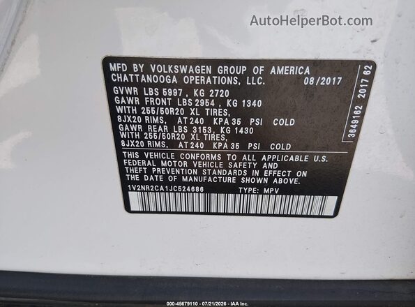 1V2NR2CA1JC524686 2018 VOLKSWAGEN ATLAS White Вид підкапотного простору