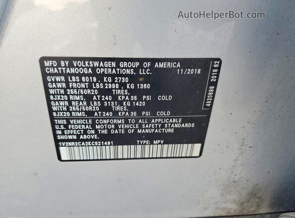 1V2NR2CA2KC521491 2019 VOLKSWAGEN ATLAS Silver Widok komory silnika