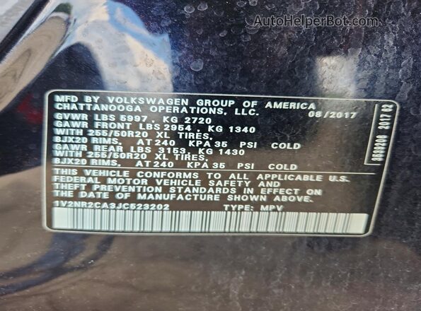 1V2NR2CA3JC523202 2018 VOLKSWAGEN ATLAS Black VIN კოდის სტიკერის ხედი