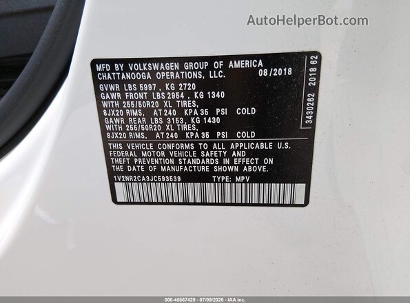 1V2NR2CA3JC593539 2018 VOLKSWAGEN ATLAS White ძრავის განყოფილების ხედი