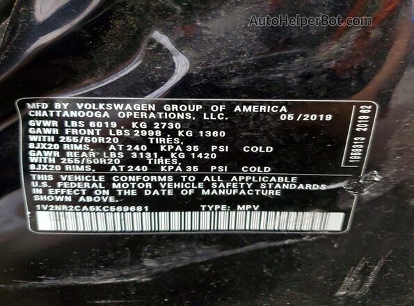 1V2NR2CA5KC569681 2019 VOLKSWAGEN ATLAS Черный Вид наклейки с VIN-кодом