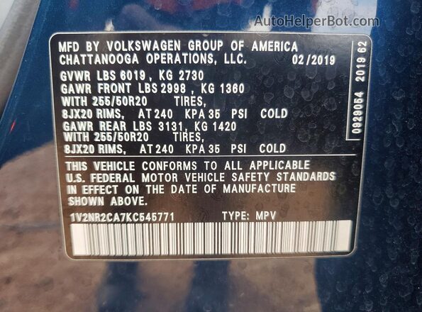 1V2NR2CA7KC545771 2019 VOLKSWAGEN ATLAS Blue 360 interior view