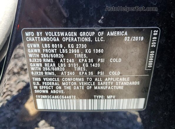 1V2NR2CA8KC544872 2019 VOLKSWAGEN ATLAS Черный Вид наклейки с VIN-кодом