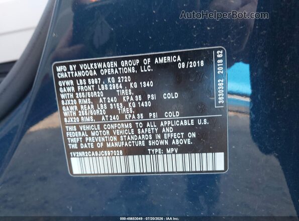 1V2NR2CA9JC597028 2018 VOLKSWAGEN ATLAS Blue Vista del compartimento del motor