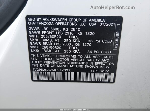 1V2PE2CA2MC212997 2021 VOLKSWAGEN ATLAS Белый Вид подкапотного пространства