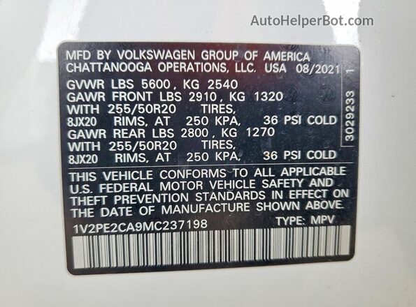 1V2PE2CA9MC237198 2021 VOLKSWAGEN ATLAS Белый Вид наклейки с VIN-кодом