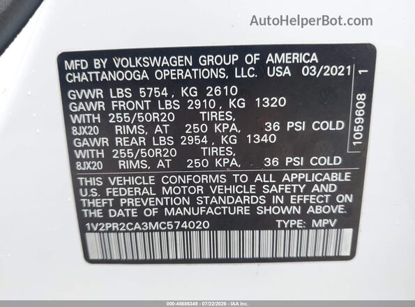1V2PR2CA3MC574020 2021 VOLKSWAGEN ATLAS Белый Вид подкапотного пространства