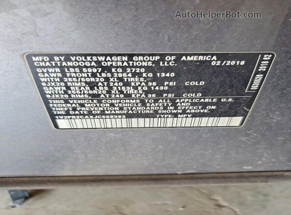 1V2PR2CAXJC556383 2018 VOLKSWAGEN ATLAS Gray Вид наклейки з VIN-кодом