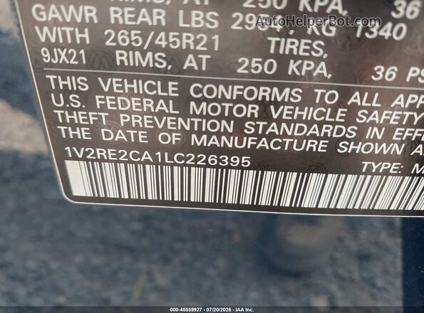 1V2RE2CA1LC226395 2020 VOLKSWAGEN ATLAS Dark Blue Engine compartment view