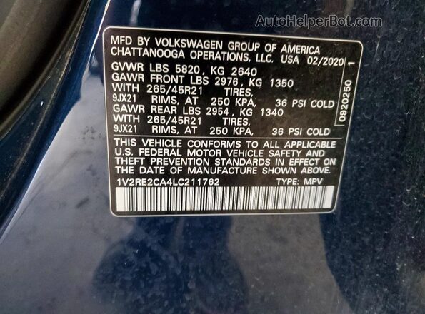 1V2RE2CA4LC211762 2020 VOLKSWAGEN ATLAS Blue Widok naklejki z numerem VIN