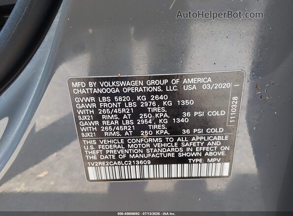 1V2RE2CA6LC213609 2020 VOLKSWAGEN ATLAS Gray ძრავის განყოფილების ხედი