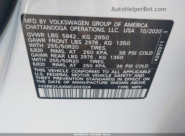 1V2RE2CAXMC202324 2021 VOLKSWAGEN ATLAS White Vista del compartimento del motor