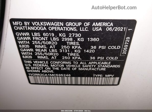 1V2RR2CA1MC595246 2021 VOLKSWAGEN ATLAS White Вид підкапотного простору