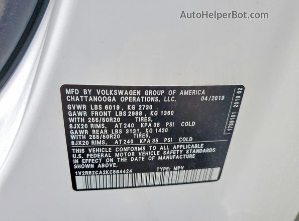 1V2RR2CA2KC564424 2019 VOLKSWAGEN ATLAS White Vista de la etiqueta del VIN
