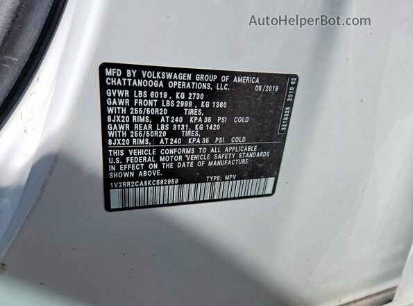1V2RR2CA5KC592959 2019 VOLKSWAGEN ATLAS White Панорамний вид салону 360°