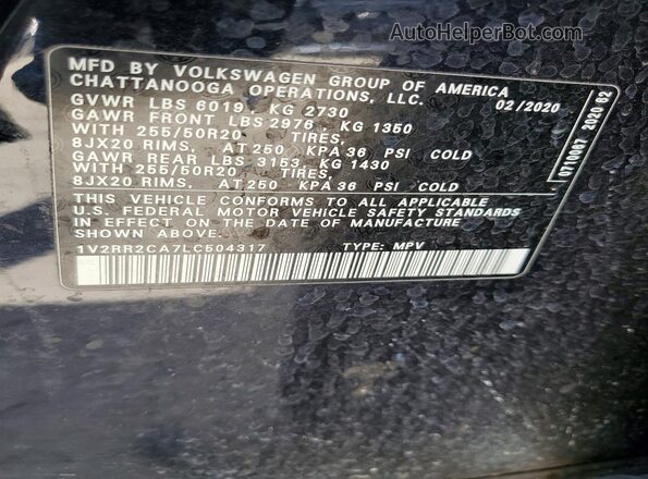 1V2RR2CA7LC504317 2020 VOLKSWAGEN ATLAS Black Vista de la etiqueta del VIN