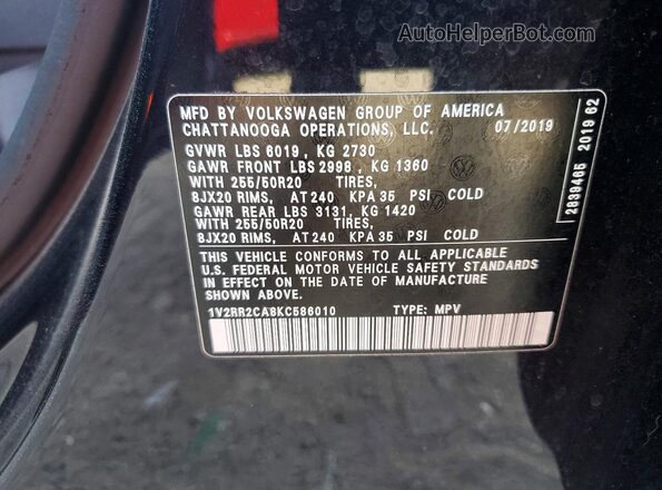 1V2RR2CA8KC586010 2019 VOLKSWAGEN ATLAS Black VIN sticker view