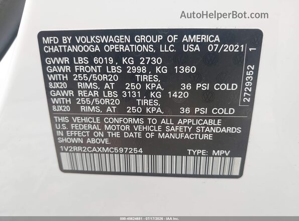 1V2RR2CAXMC597254 2021 VOLKSWAGEN ATLAS Белый Вид подкапотного пространства