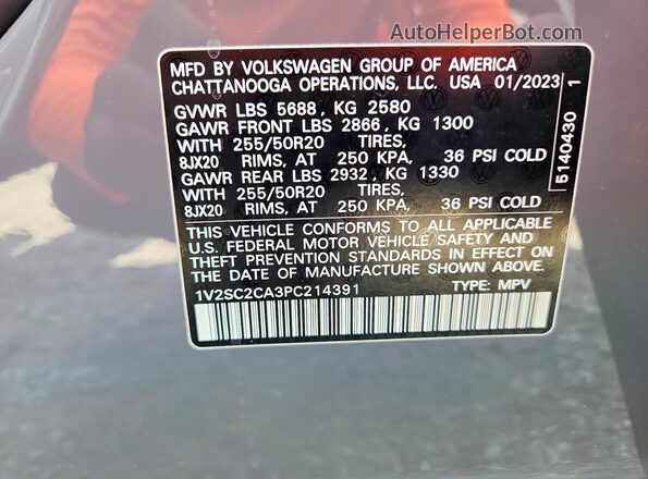 1V2SC2CA3PC214391 2023 VOLKSWAGEN ATLAS Серый Вид наклейки с VIN-кодом