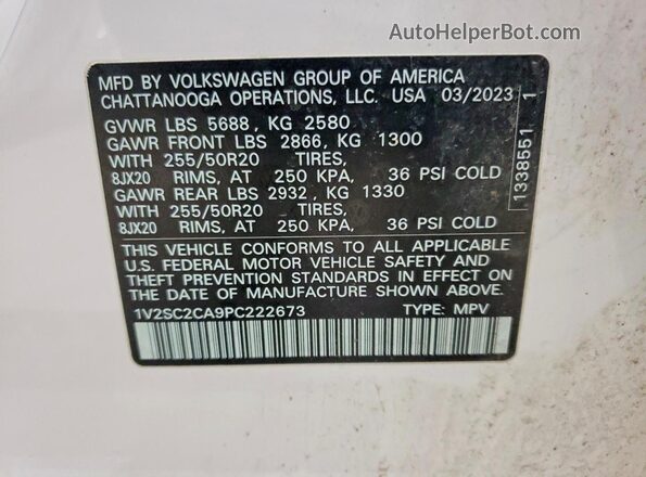 1V2SC2CA9PC222673 2023 VOLKSWAGEN ATLAS White VIN კოდის სტიკერის ხედი