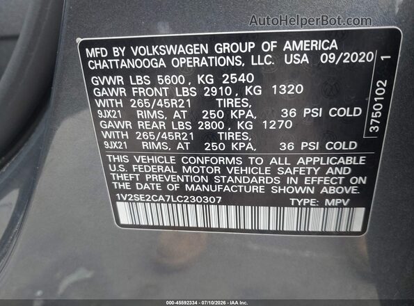 1V2SE2CA7LC230307 2020 VOLKSWAGEN ATLAS Gray Widok komory silnika