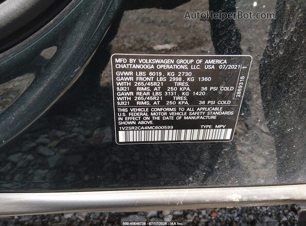 1V2SR2CA4MC600599 2021 VOLKSWAGEN ATLAS Green Vista del compartimento del motor