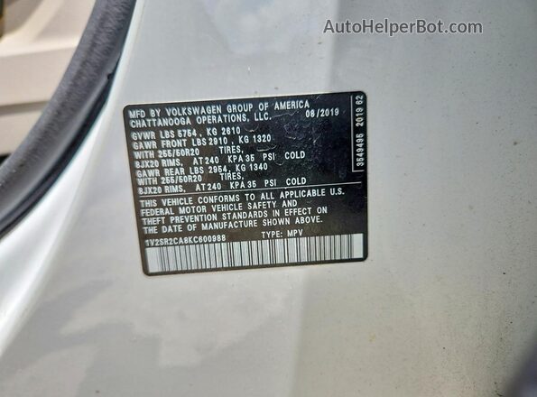 1V2SR2CA8KC600988 2019 VOLKSWAGEN ATLAS White Вид наклейки з VIN-кодом